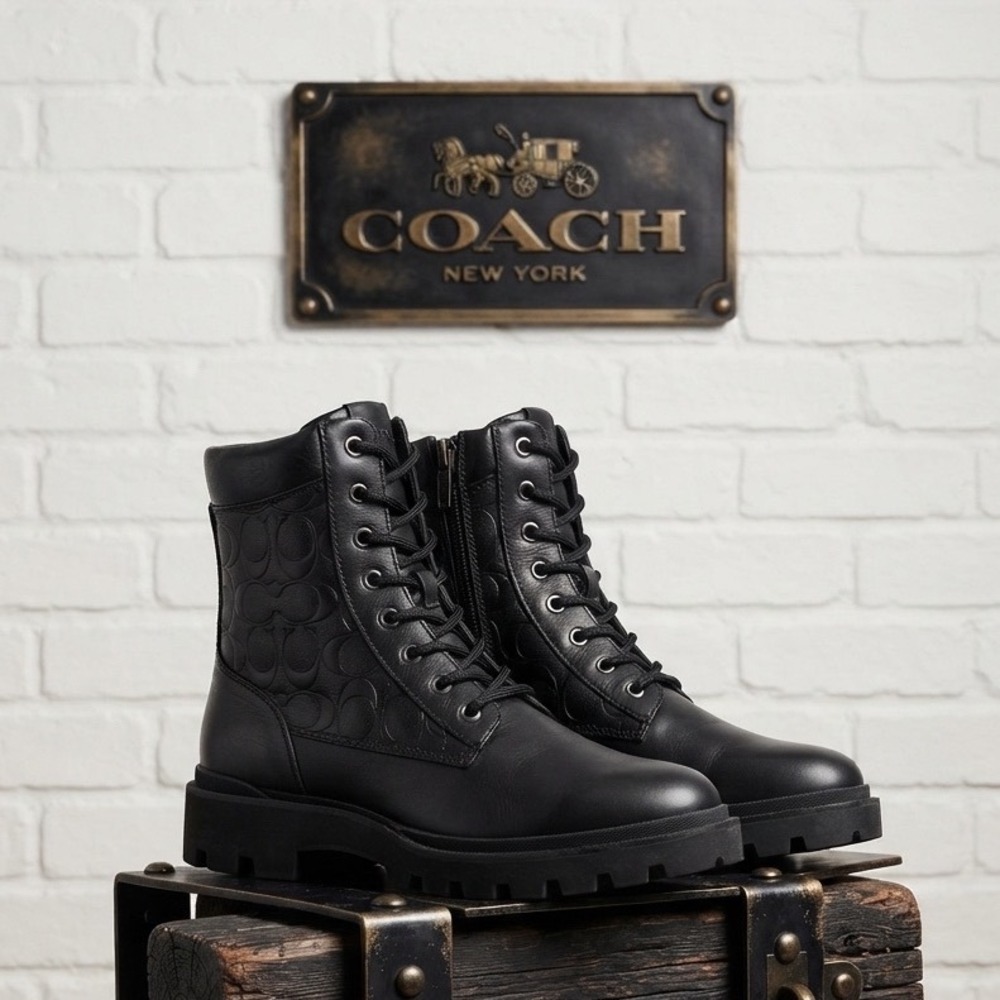 Coach Lorimer Black Leather Signature C Embossed chunky Combat Boots luxury 8D